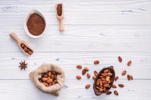 Poudre de cacao et fèves de cacao sur fond de bois blanc photo