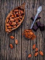 fèves de cacao sur une table rustique