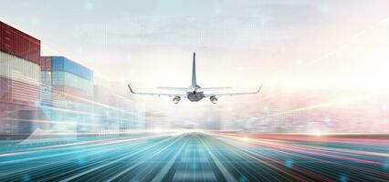 La technologie numérique futur de cargaison avion logistique transport concept, avion prise de de aéroport piste, moderne futuriste transport importer exportation arrière-plan, global affaires Distribution photo