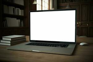 Créatif blanc écran maquette de une portable sur le bureau. vide ordinateur conception photo
