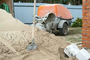 machine avec une mixer est un installation pour alimentation ciment mélange pour verser à moitié sec sol chape dans le maison. construction site avec une faire glisser de sable, préparation pour nivellement rugueux sol chalet photo