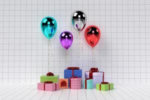 Coffrets cadeaux 3D avec des ballons sur fond photo