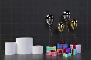 Boîte cadeau 3D avec des ballons sur fond photo