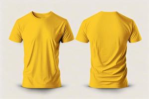 maquette de une Vide Royal Jaune T-shirt de face et retour isolé sur blanc Contexte. photo