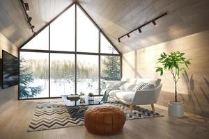 Un salon intérieur d'une maison forestière en illustration 3d photo