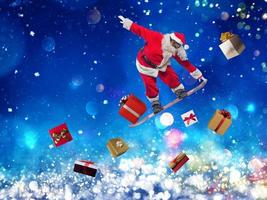 Père Noël claus sauts avec une snowboard planche photo