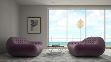 Salle de design intérieur moderne avec vue sur la mer en rendu 3d