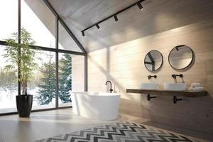 Salle de bain intérieure d'une maison forestière en rendu 3d photo