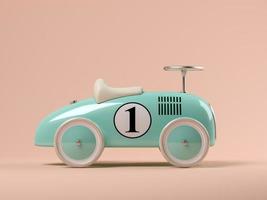 Voiture jouet bleu vintage sur fond rose en illustration 3d
