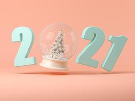Numéros de 2021 avec une boule de neige sur fond rose en illustration 3d photo