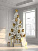 intérieur avec un arbre de Noël et des coffrets cadeaux en illustration 3d photo