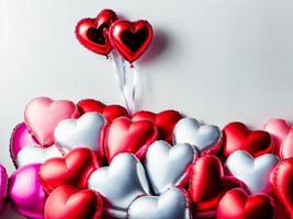 pile de cœur en forme de ballons rose, rouge, blanc couleurs, deux rempli avec hélium pendaison sur air, à l'intérieur une pièce photo