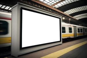 vide espace panneau d'affichage dans côté vue à souterrain train gare, vide espace pour un d bannière avec train en mouvement dans arrière-plan, vide panneau d'affichage près souterrain train station photo