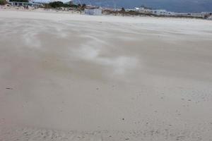 tempête de sable sur le plage, vent soufflant le le sable une façon photo