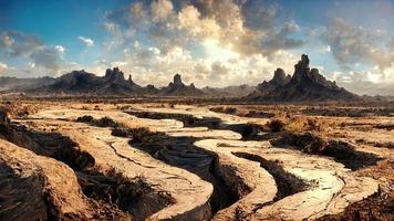 désert avec rochers et lumière végétation en dessous de une ciel plein de des nuages photo
