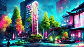 fantaisie nuit ville Japonais paysage néon lumière. abstrait illustration art photo
