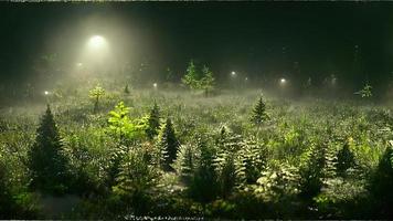 sombre forêt dans le brouillard à nuit photo