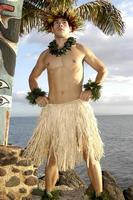 Masculin hula Danseur permanent grand dans de face de une magnifique océan voir. photo