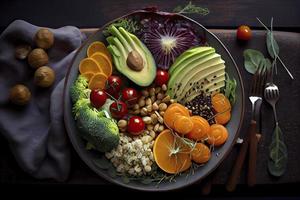pile de des fruits et des légumes dans beaucoup appétissant couleurs, coup de au-dessus de, attrayant à conduire une en bonne santé à base de plantes mode de vie photo