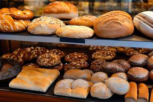 divers pain vente à le afficher boulangerie magasin étagère. photo