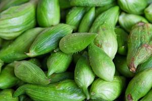 empiler de Rembourrage concombres sur une marché stalle photo