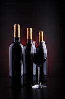 bouteilles de vin et verre plein avec fond rouge et noir photo