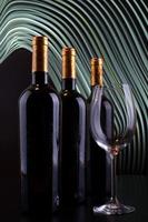 bouteilles de vin et verre avec fond de lignes blanches photo