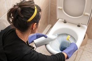 une Jeune femme nettoie le toilette dans le salle de bains en utilisant détergent, une brosse et caoutchouc gants. photo