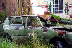 batu-indonésie, janvier 2, 2023. sélectif concentrer de le vieux cassé voiture occupé par le blanc lion. photo