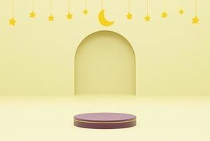 Plate-forme avec Jaune Contexte étoile, Ramadan kareem et islamique concept. 3d illustration le rendu photo