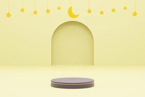 Plate-forme avec Jaune Contexte étoile, Ramadan kareem et islamique concept. 3d illustration le rendu photo