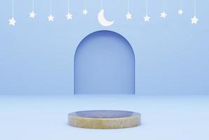 Plate-forme or avec bleu Contexte étoile, Ramadan kareem concept. 3d illustration le rendu photo