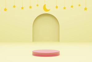 Plate-forme avec Jaune Contexte étoile, Ramadan kareem et islamique concept. 3d illustration le rendu photo
