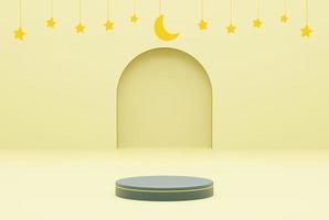 Plate-forme avec Jaune Contexte étoile, Ramadan kareem et islamique concept. 3d illustration le rendu photo