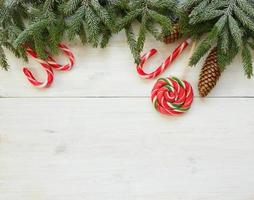 Noël frontière avec sapin arbre branches avec cônes et bonbons canne sur blanc en bois planches prêt photo