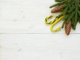 Noël frontière avec sapin arbre branches avec cônes et bonbons canne sur blanc en bois planches prêt photo