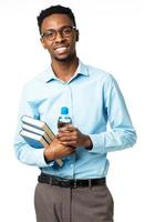 content africain américain Université étudiant avec livres et bouteille de l'eau dans le sien mains permanent sur blanc photo