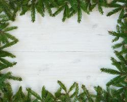 Noël arbre branches sur blanc en bois texture prêt pour votre conception photo