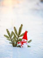 bonhomme de neige heureux debout dans le paysage de Noël d'hiver photo