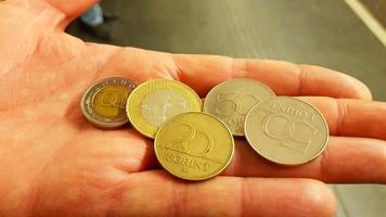 sur le gars main sont hongrois pièces de monnaie. photo