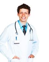 portrait de le souriant médecin sur une blanc photo