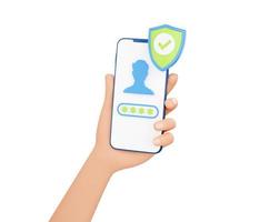 personnel Les données sécurise 3d rendre - main en portant mobile téléphone avec Compte avatar, mot de passe champ et bouclier sur écran photo