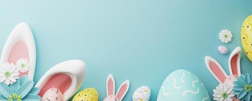 Pâques fête concept. Haut vue photo de Pâques lapin oreilles blanc rose bleu et Jaune des œufs sur isolé pastel bleu Contexte avec copie espace. 3d le rendu.