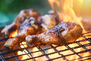 grillé poulet jambes barbecue avec herbes et épices - savoureux poulet jambes sur le gril avec Feu flammes mariné avec Ingrédients cuisine pique-nique en plein air photo