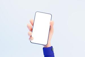 Main de dessin animé 3d tenant un écran vierge de maquette de smartphone isolé sur fond bleu, main utilisant une maquette de téléphone portable. illustration de rendu 3d photo