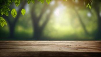 en bois table et flou vert la nature bokeh Contexte pour produit.de table la photographie images de divers objets, tel comme livres, végétaux, ou papeterie, arrangé sur une en bois dessus de la table photo