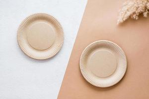 le concept de respectueux de la nature ustensiles pour aliments. deux papier carton assiettes et sec herbe sur une deux tons Contexte. Haut voir. photo