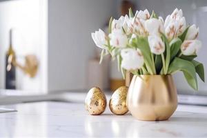 Pâques table réglage avec tulipes, Pâques lapins, et des œufs avec d'or motifs dans le blanc style scandinave cuisine Contexte. magnifique minimaliste conception pour salutation carte photo