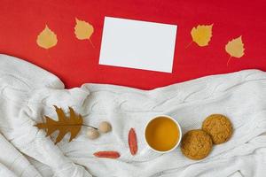 l'automne plat allonger composition. une tasse de thé, une tricoté couverture, l'automne sec feuilles, flocons d'avoine biscuits, pur blanc feuilles pour les inscriptions sur une rouge Contexte Haut voir. photo