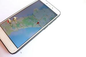 miniature figure de un explorateur posant sur une numérique carte via une mobile téléphone photo